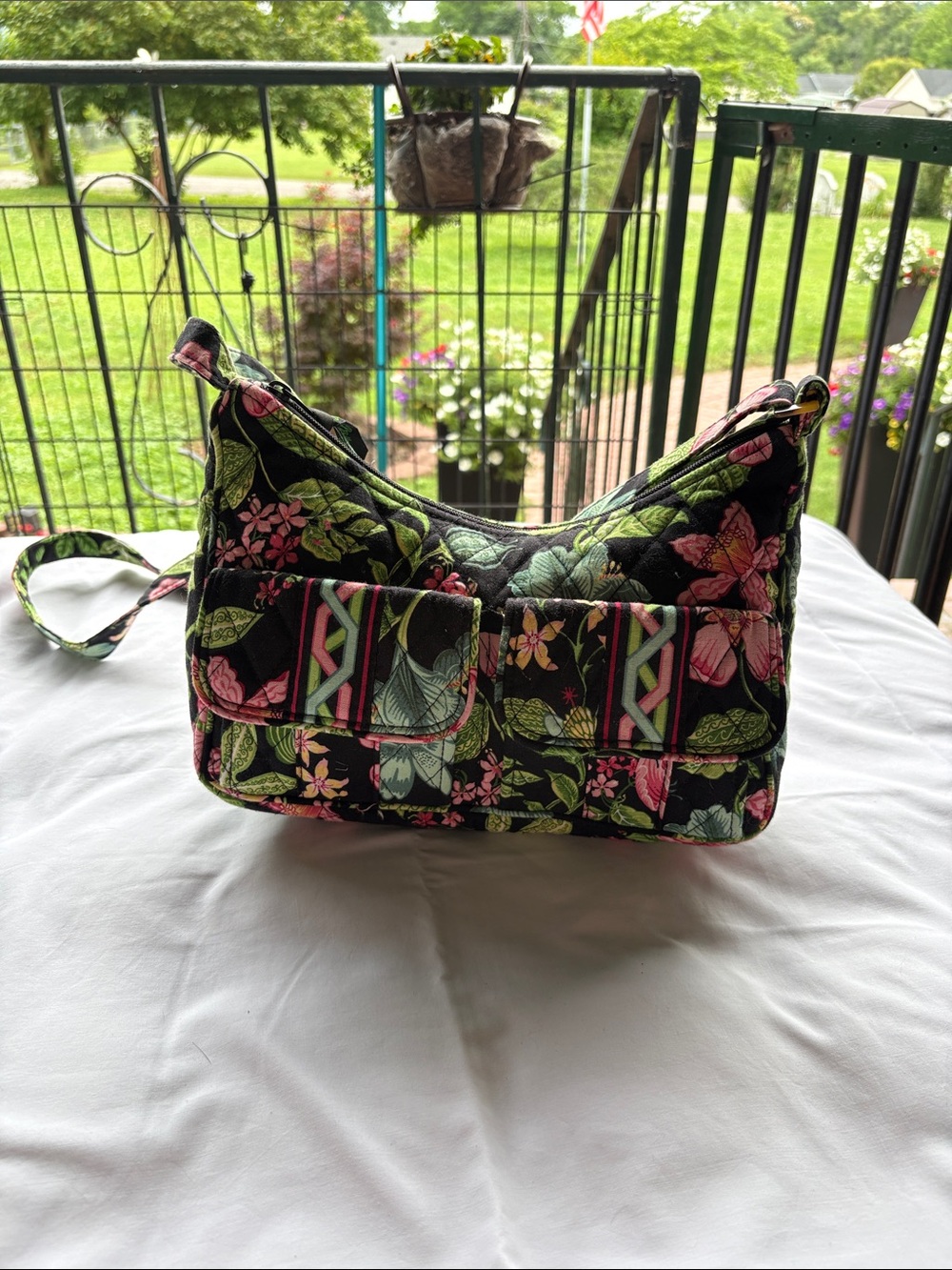 Vera Bradley Black Quilted Shoulder Bag with Pink and Green Floral Print